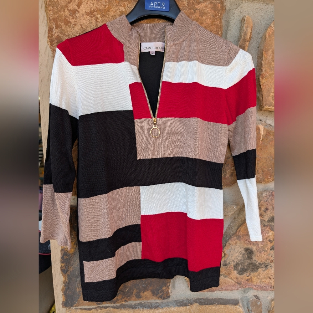 Carol Rose Color Block Sweater Pullover With Zipper Medium
